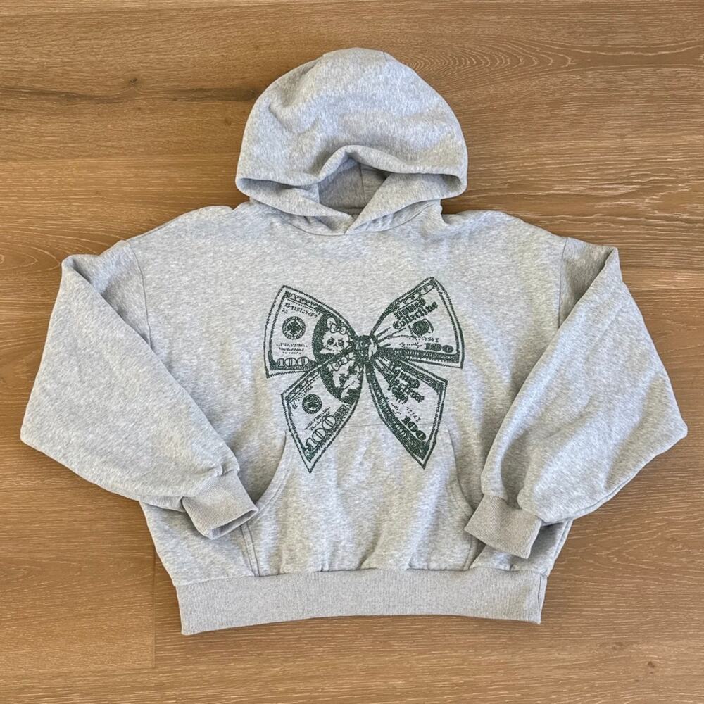 Named Collective Strangers Rhinestone Bow Pullover Hoodie Size S/M in Gray Green